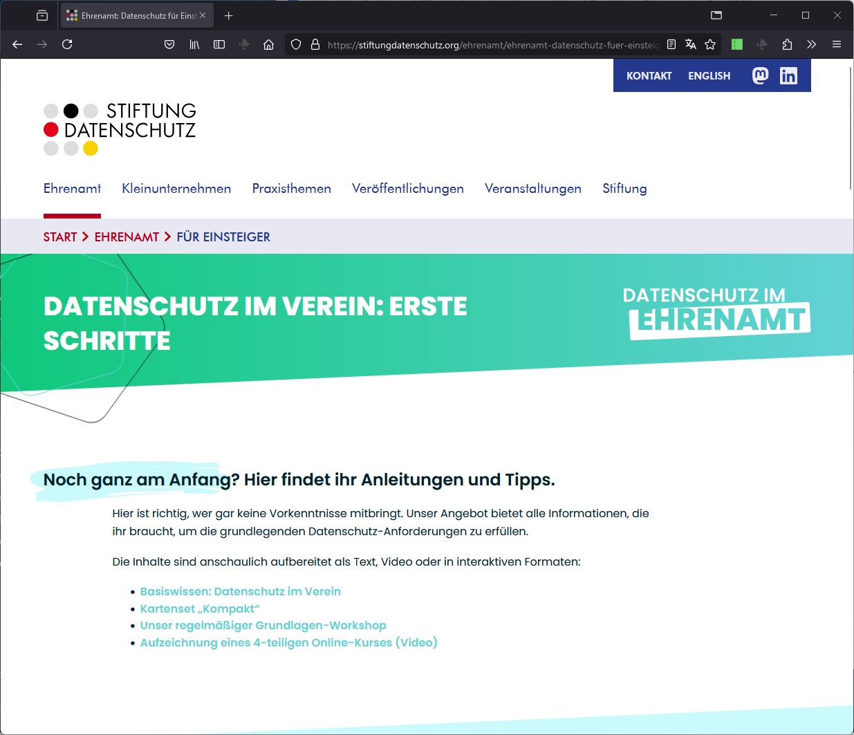 Screenshot der Webseite „Datenschutz im Ehrenamt: Erste Schritte“ der Stiftung Datenschutz
